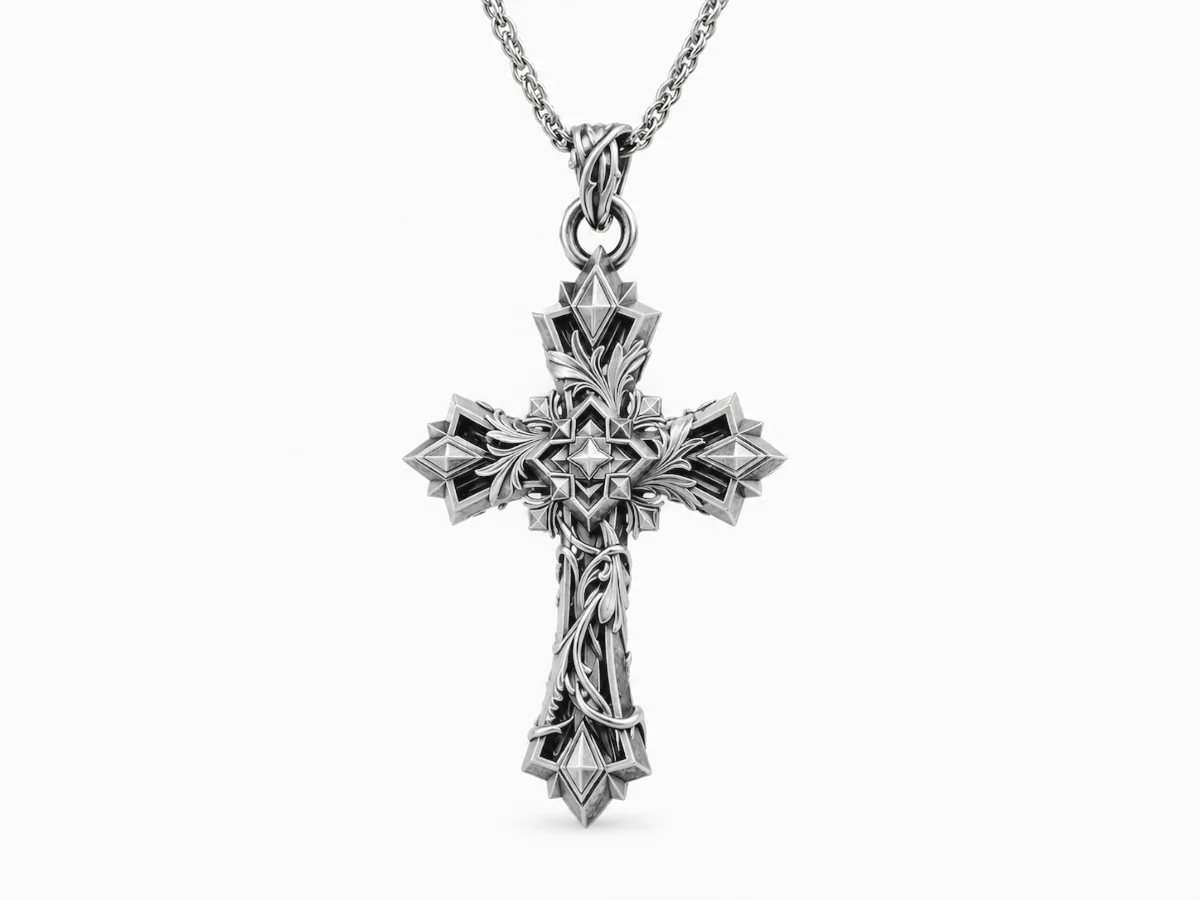 Front view of the Heritage Cross Pendant featuring an ornate sterling silver gothic cross design.