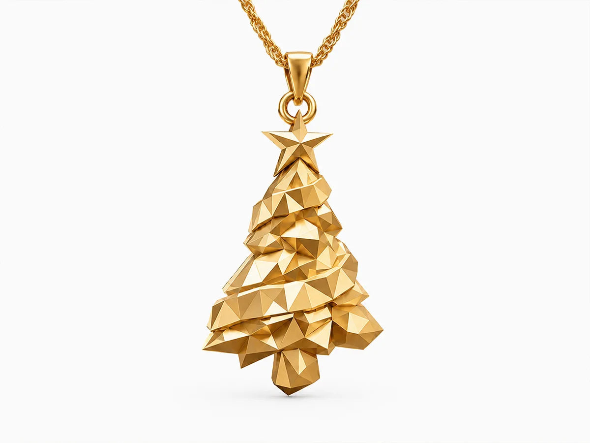 14K gold-plated Christmas tree pendant with a faceted geometric design and star topper, displayed on a gold chain