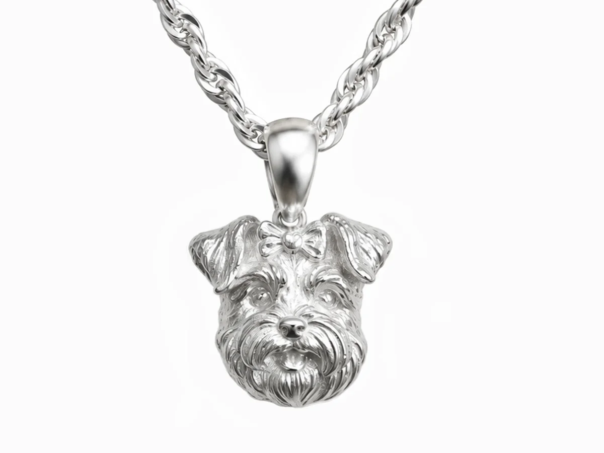 Hand Cast Schnauzer Portrait Silver Pendant Necklace